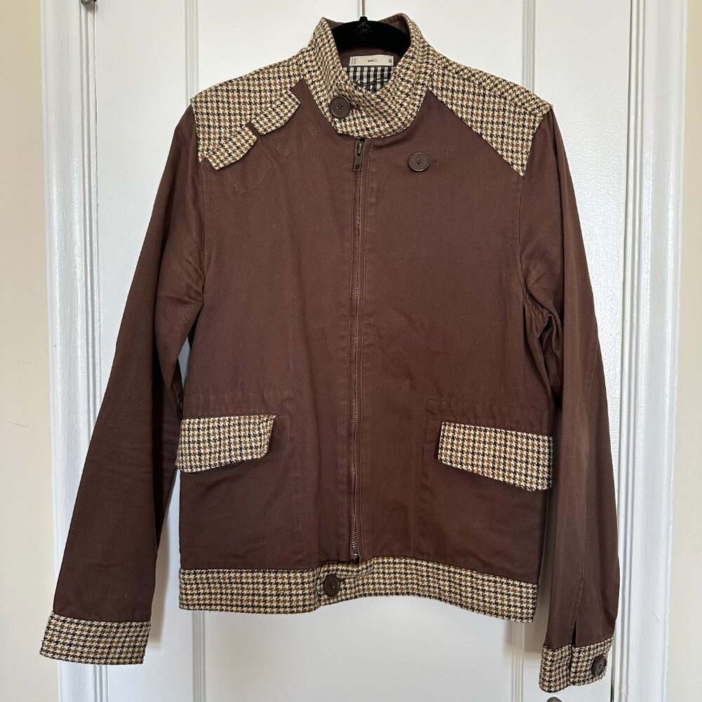 Brown Sound Y2K Fitted Canvas Moto Jacket with Houndstooth Wool Trim Size Small